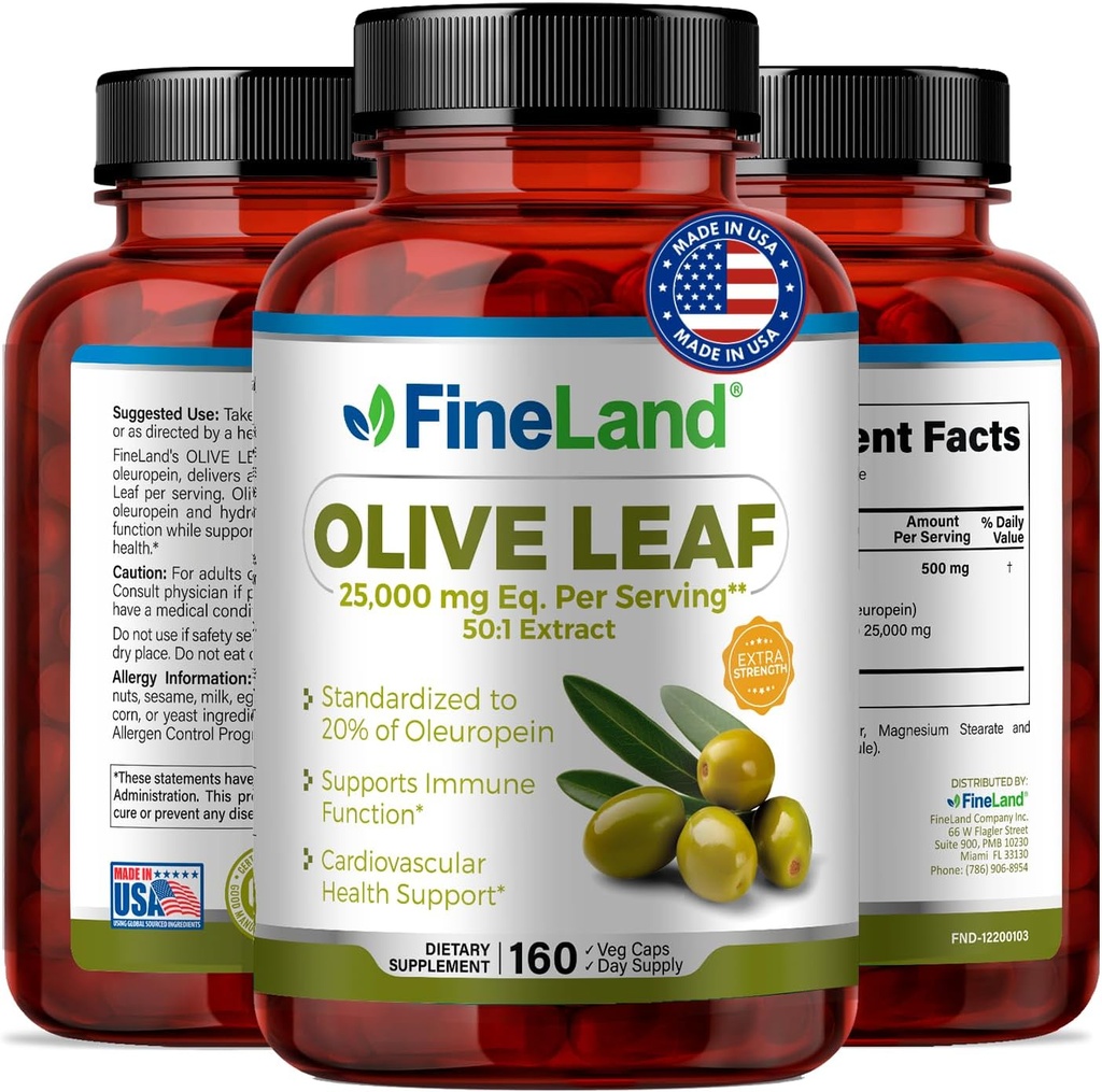 FineLand Olive Leaf Extract 50x – 25,000mg Eq. por Servindo 160 Vegan Caps, Olive Extract com 20% de Oleuropein .