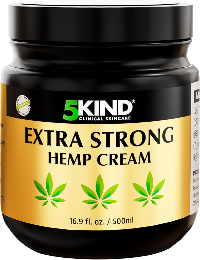 5kind Extra Strong Hemp Cream 16,9 fl oz- Força máxima - Alivio calmante natural - Esfregamento muscular para parte inferior das costas, articulações, pescoço, joelhos e ombros - creme de cânhamo de força máxima