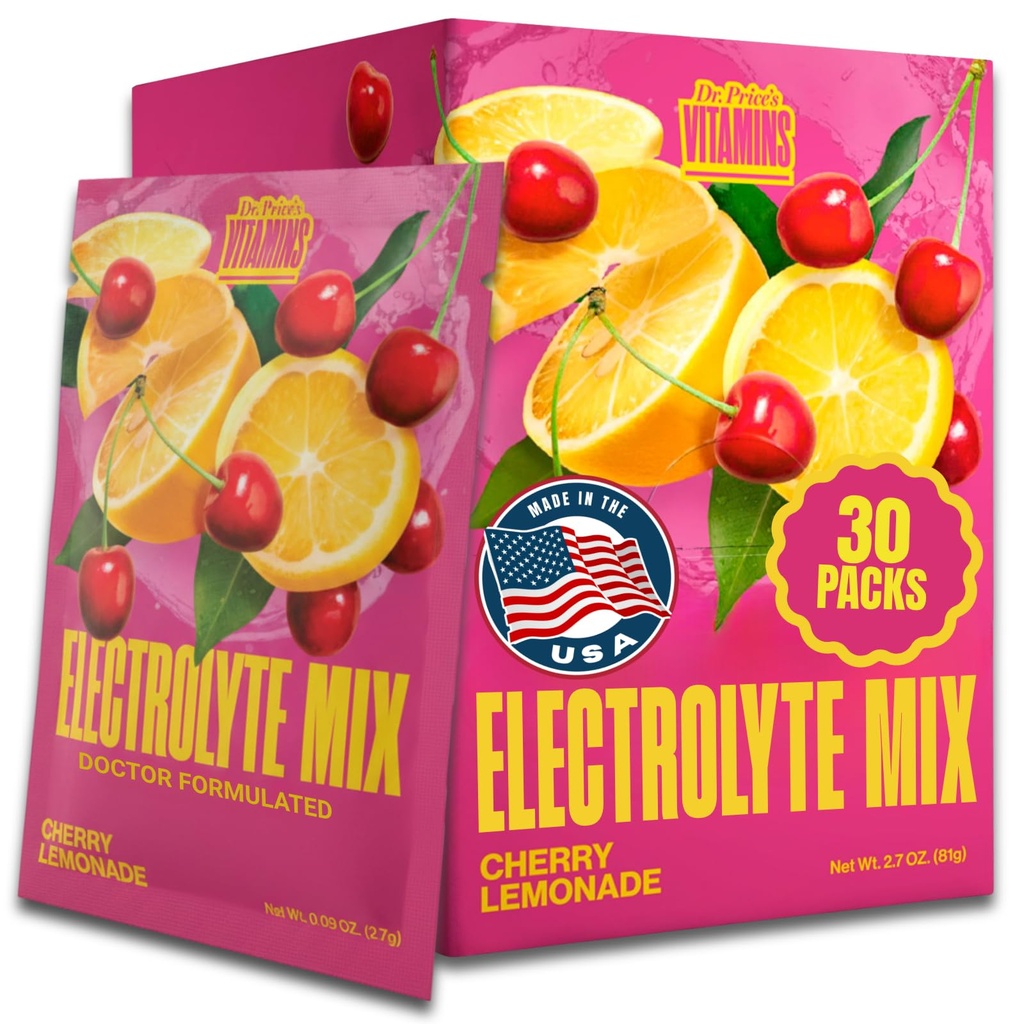 Dr. Price's Electrolyte Mix – Pó de hidratação sem açúcar com 72+ Trace Minerals – Sem açúcar, eletrolitos de dissolução rápida em pó – Limonada de cereja (30 embalagens)