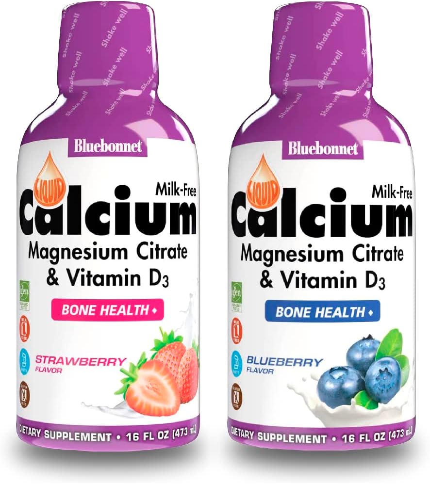 Bluebonnet Nutrition Líquido Citrato de cálcio Citrato de magnésio, Vitamina D3- Pacote de sabor de mirtilo e morango, 2 Garrafa de 16 Fl Oz Cada (32 Fl Oz Total)