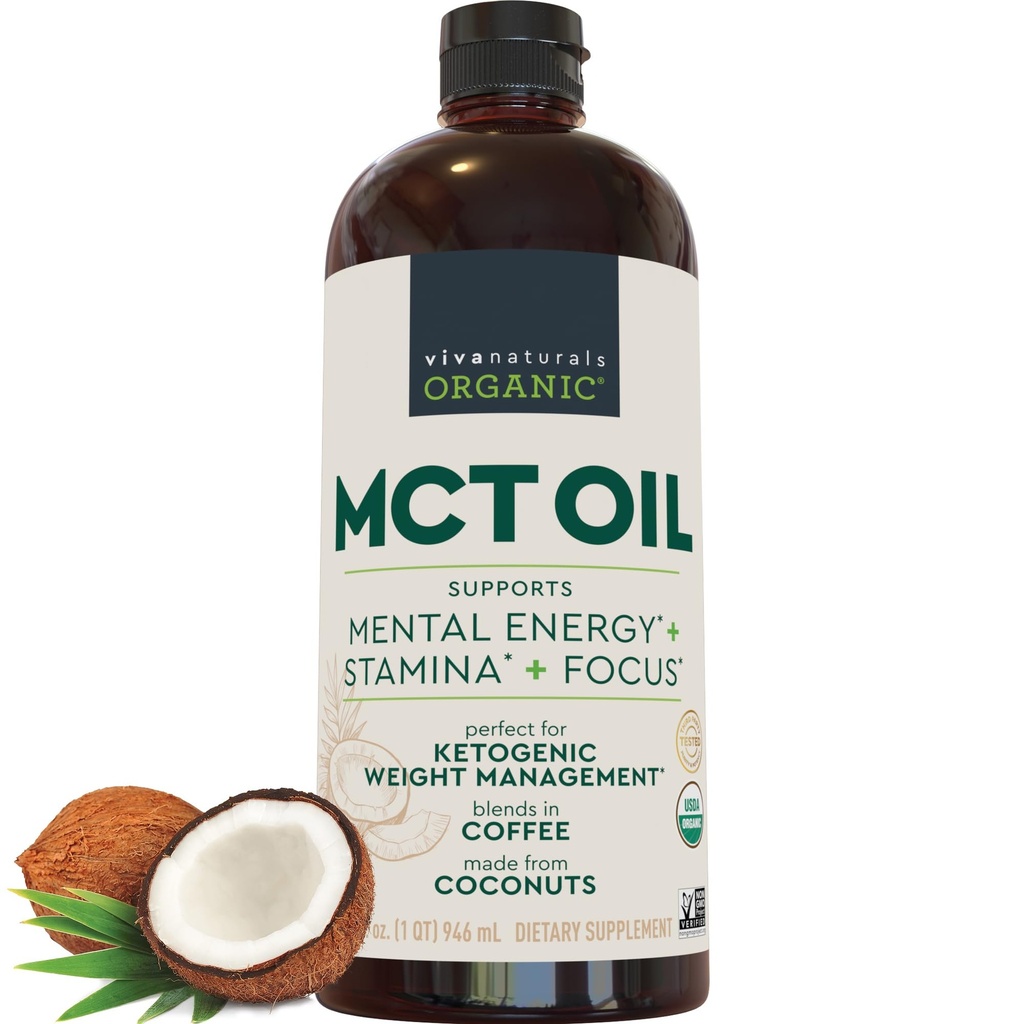 Viva Naturals Organic MCT Óleo, 32 fl oz – MCT Oil for Coffee, USDA Orgânico, Não-GMO, Certificado Paleo & Keto Friendly, Suporta Energia & Clareza Mental