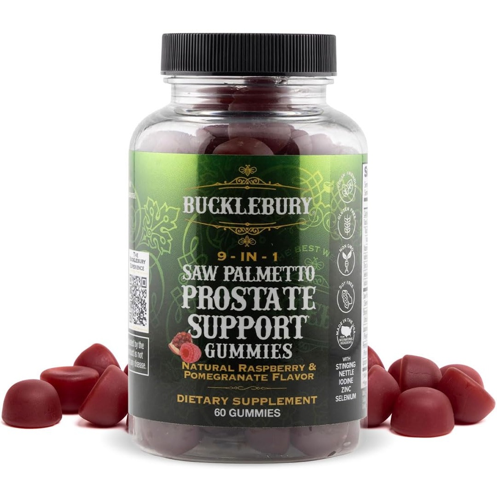BUCKLEBURY 9-in-1 Natural Saw Pastilhas Palmetto com framboesa e sabor de romã - Suplementos de suporte à próstata com base em plantas para saúde da bexiga masculina, crescimento do cabelo e suporte urinário - 60 chicletes