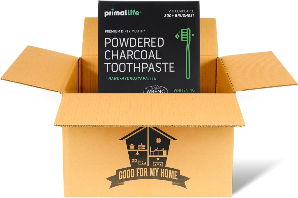Carvão Ativado Primal Vida Orgânica 1 oz Pó de dentes: Orgânico Vegan Mistura, Kaolin & Bentonite Clay, Óleos Essenciais - Black Spearmint para 200+ Escovas. Caixa GFMH incluída.