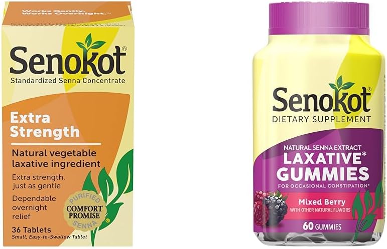 Senokot extra força laxante vegetal natural para suave alívio durante a noite Obstipação ocasional, 36 Count & Dietary Supplement Gummies Laxative, Natural Senna Extract, Gentle
