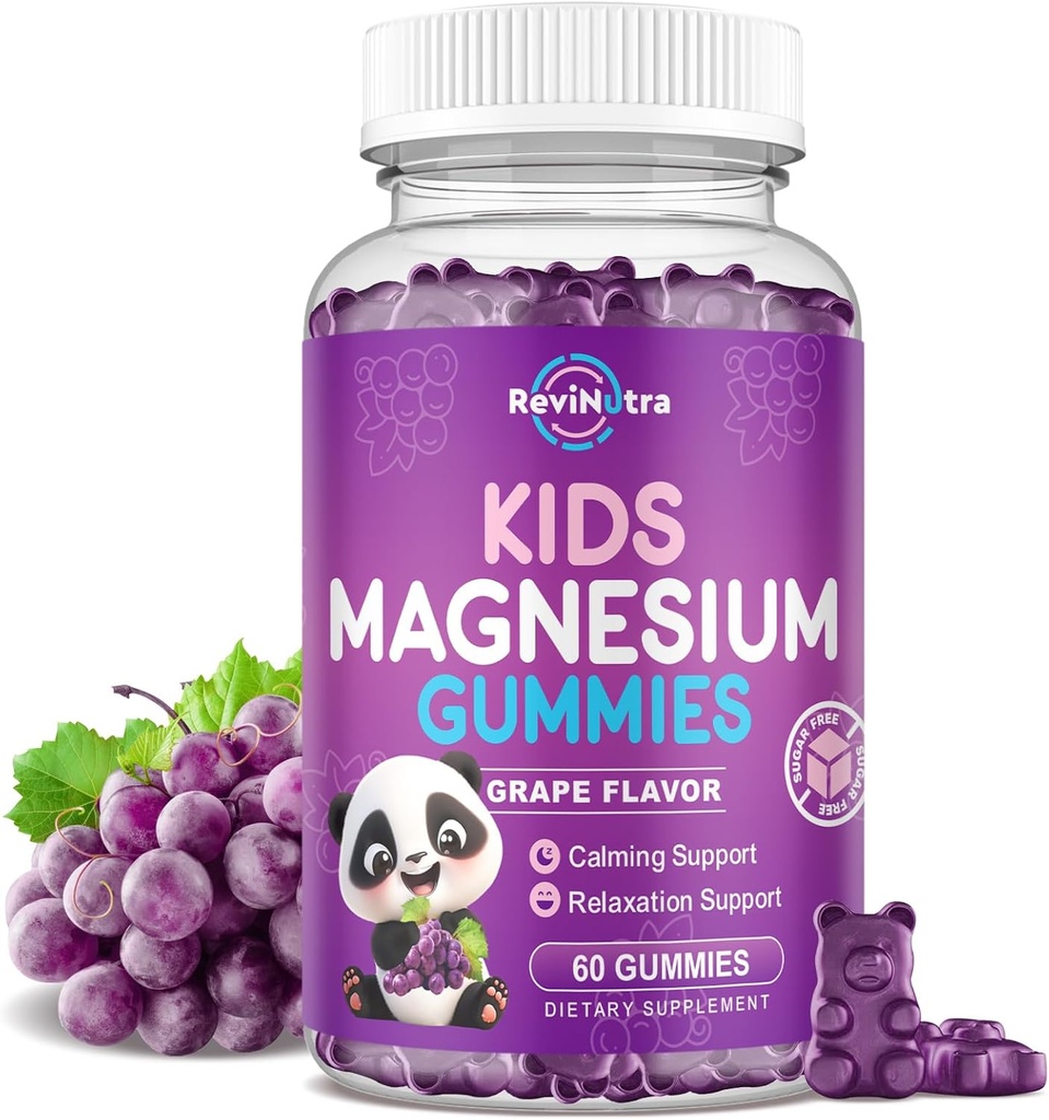 Pastilhas de magnésio para crianças, Gummies de citrato de magnésio sem açúcar, Pastilhas de magnésio calmas para adultos e crianças, Apoio ao sono, Saúde óssea e muscular, Relaxamento nervoso, 60 Pastilhas de uva