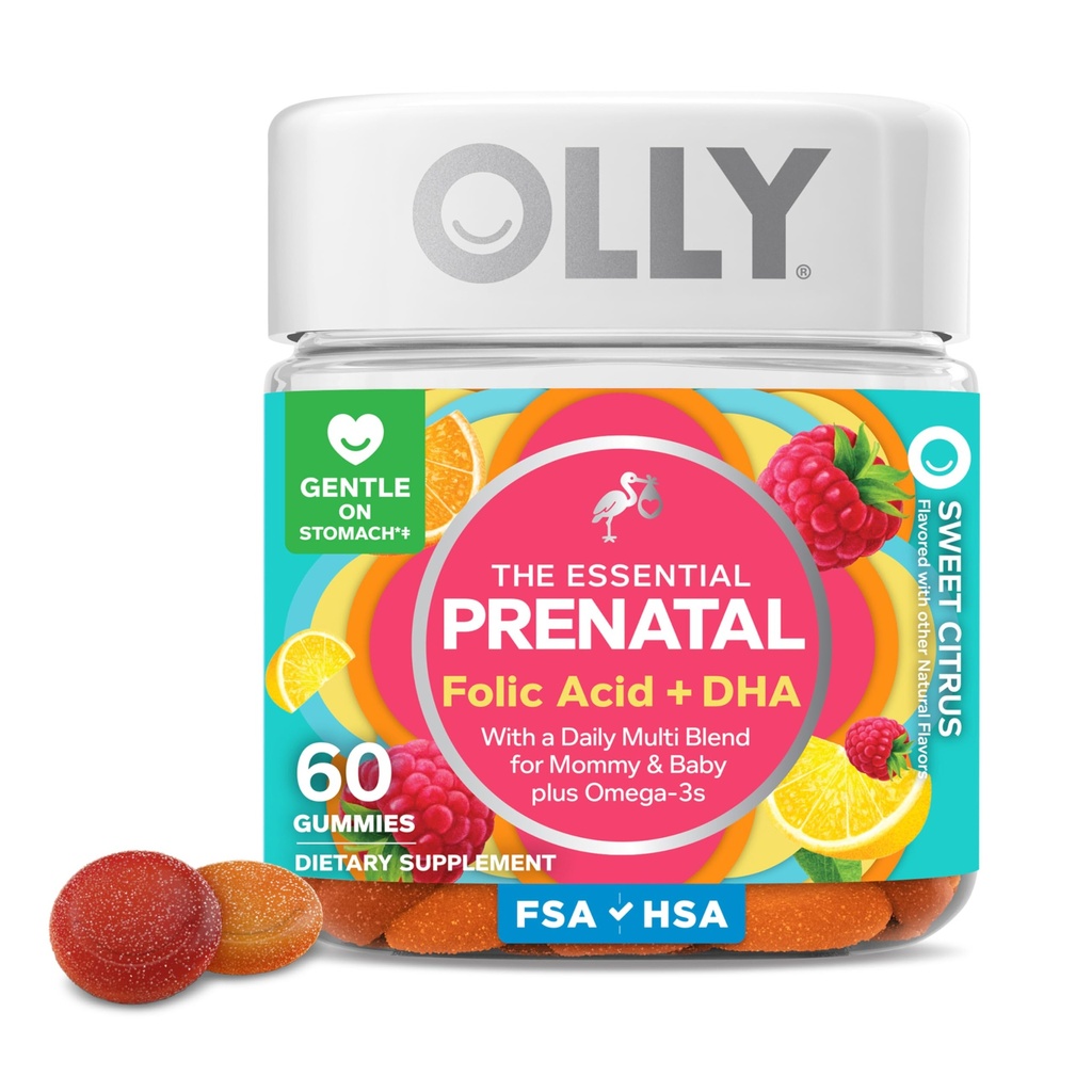 OLLY Gummy Multivitamin pré-natal, Suporta Crescimento Saudável e Desenvolvimento Cérebro, Ácido Fólico, Vitamina D, Omega 3 DHA, Suplemento Mastigável, Citrus Berry Flavor, Fonte de 30 dias - 60 Contagem