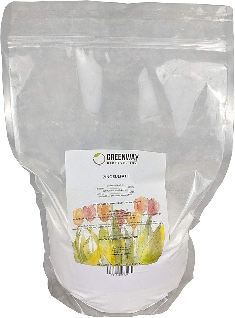 Pó de Sulfato de Zinco 35,5% Monohidrato Mais 16,5% Enxofre Greenway marca 10 libras