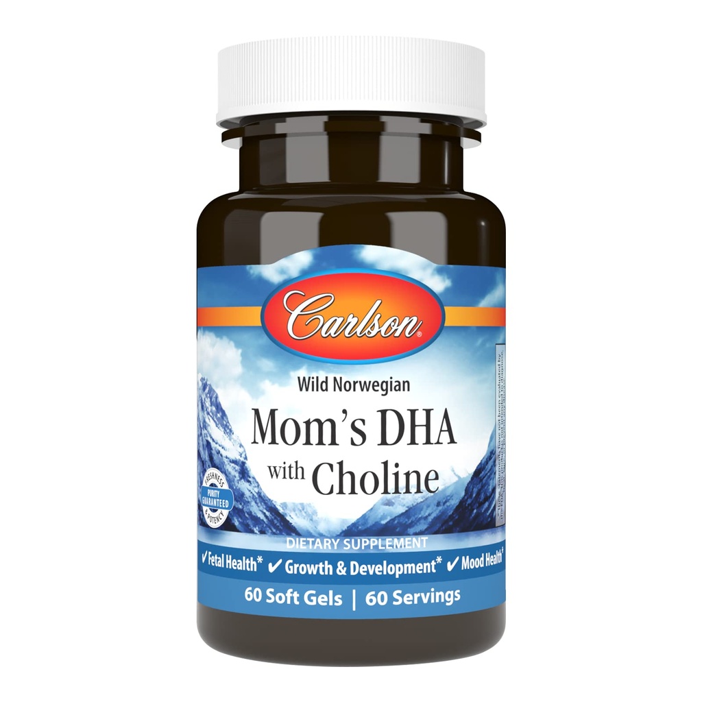 Carlson - DHA da mãe com choline, 3:1 DHA para EPA Ratio encontrado no leite materno, crescimento e desenvolvimento, 60 Softgels
