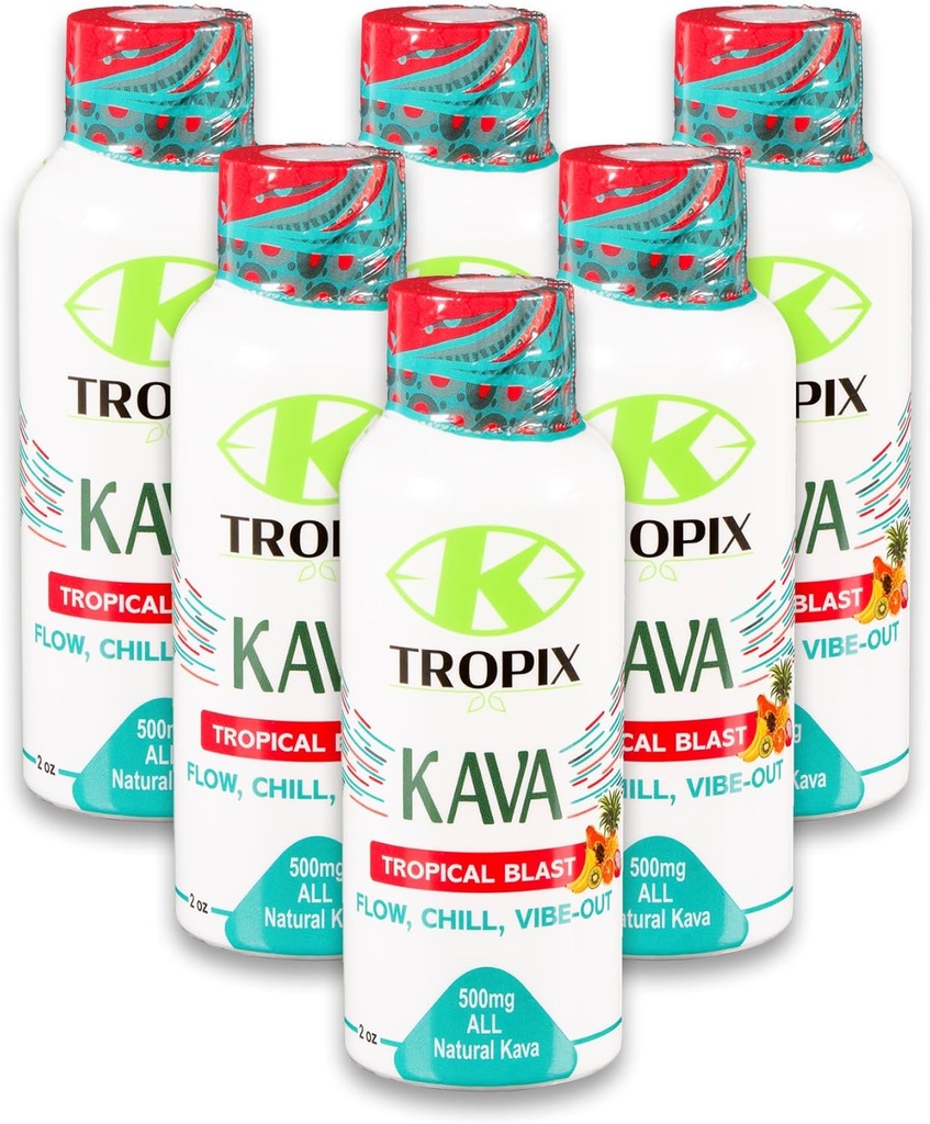 K-Tropix Kava tiro explosão tropical - 500mg bem-estar shots para promover o relaxamento e reduzir a preocupação - Kava Drink - preocupação, tensão, alívio de tensão Suplemento - 6 Pack