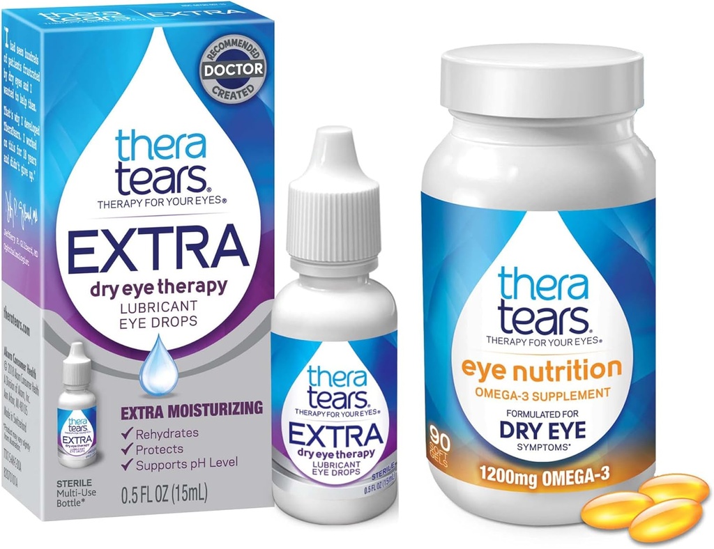 TheraTears 1200mg Omega 3 Suplemento para Nutrição Ocular, Sementes de linhaça orgânica Triglicerídeo Óleo de peixe & VIT E, 90 Count Eye Drops, Terapia Ocular Extra Seca, 15 mL, 0.5 Fl oz