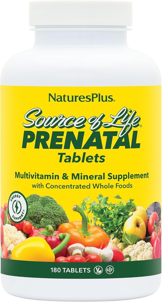 Natures Plus Fonte de Vida Pré-natal - 800 mcg Folato, 180 comprimidos vegetarianos - Todas as vitaminas e minerais naturais pré-natais com ferro e cálcio - Saúde e energia ideais - Sem glúten - 90 serviços