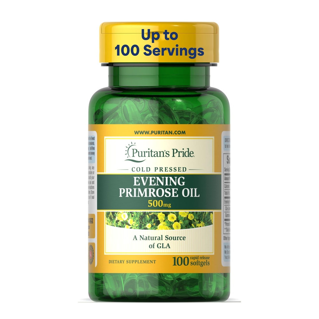Puritan's Pride Cold Pressed Evening Primrose Oil 500 mg com GLA, Dietary Support Supplement for Womens and Skin Health, 100 Geles macios de liberação rápida