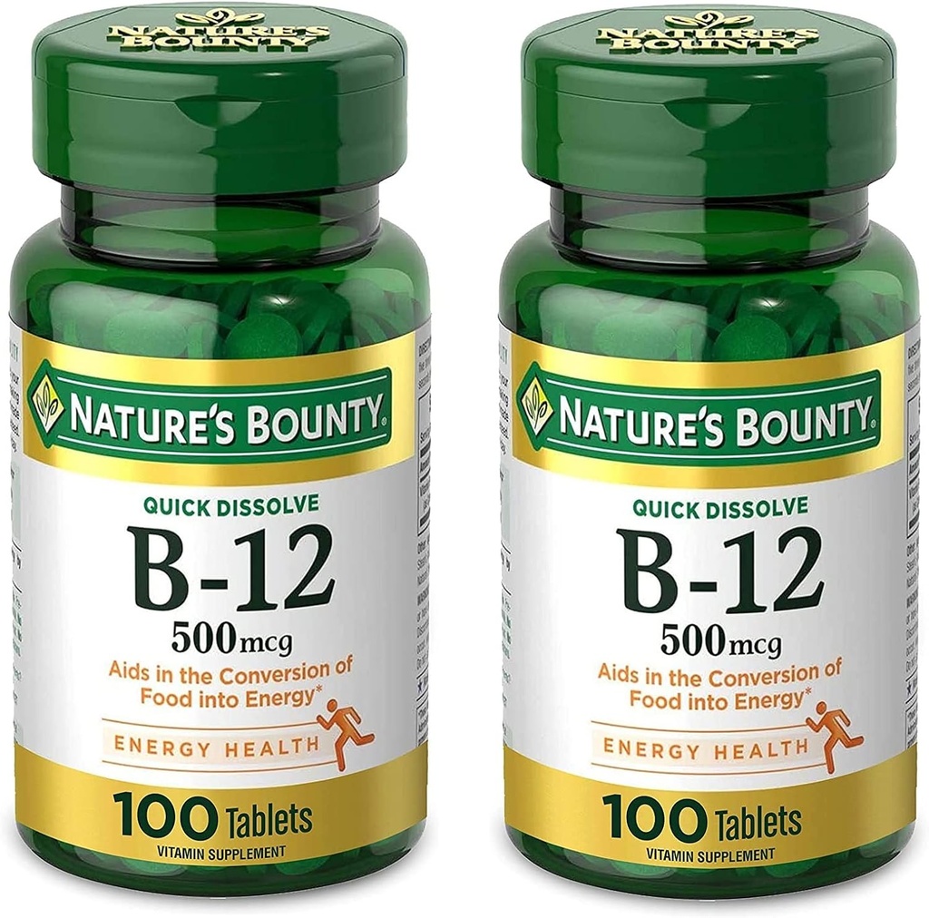 Vitamina B12 da recompensa da natureza, apoia o metabolismo da energia e a saúde do sistema nervoso, 500mcg, comprimidos, 100 Ct (Pack de 2)