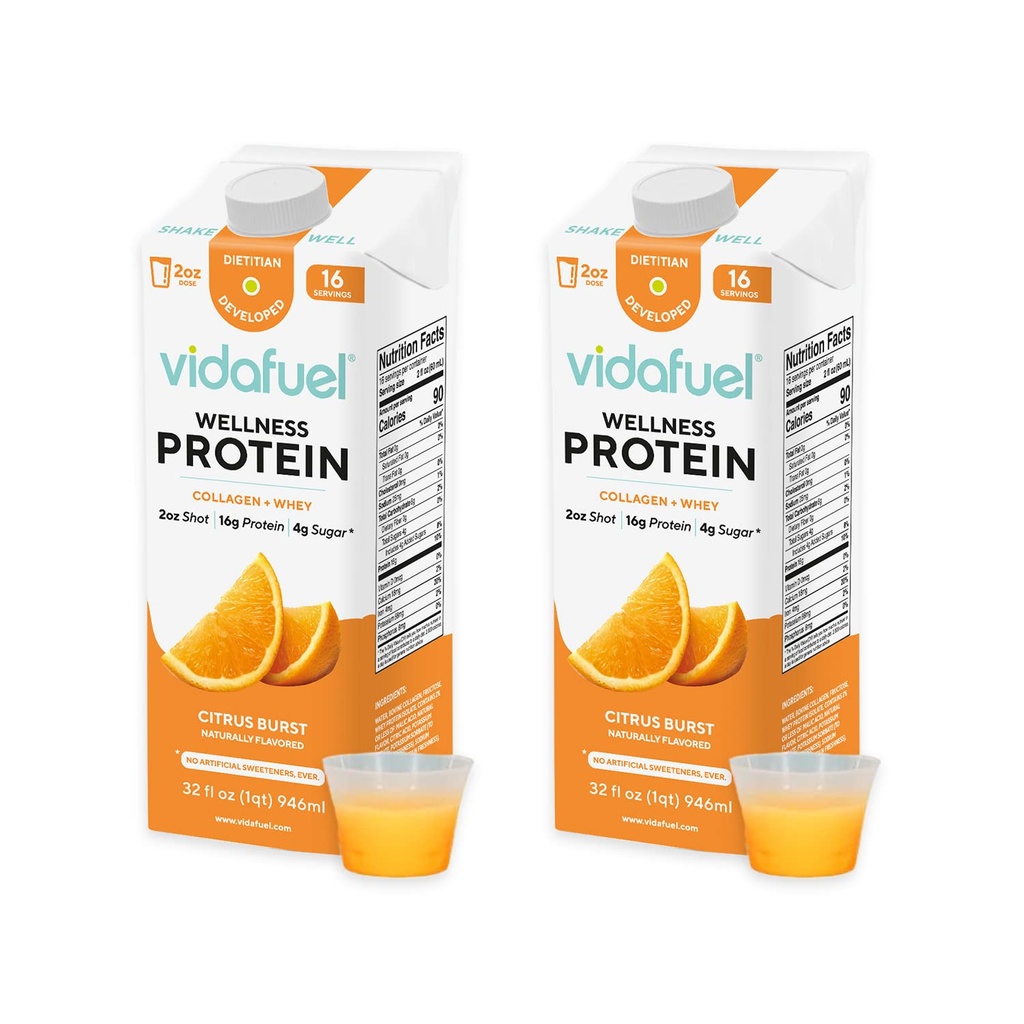 Vidafuel Protein Drink, 16g Protein per 2 oz Shot, 32 fl oz Carton, 2 Pack, Citrus, Colágeno e Bebida de Whey, Sem Adoçantes Artificiais