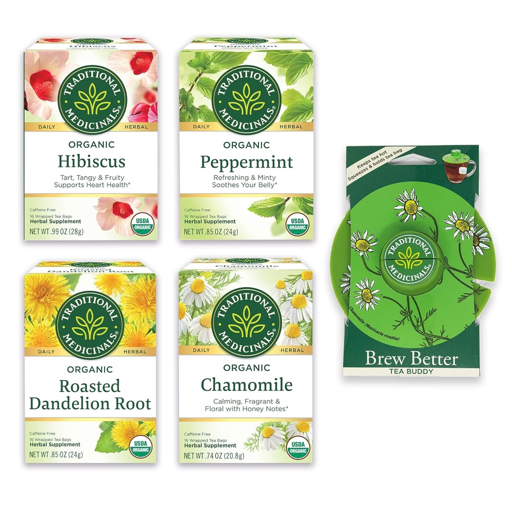 Medicamentos tradicionais, pacote de variedades orgânicas para o bem-estar em quatro sabores calmantes, inclui hortelã, camomila, Hibiscus, Root Dandelion assado, Tea Buddy, 64 sacos de chá, (4 pacote)