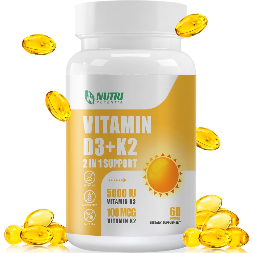 Vitamina D3 K2 com MCT Oil, Vitamina D3 5000 UI e K2 100mcg, Fórmula 2 em 1 para Saúde Óssea e Cardíaca, Gluten Free - 60 Count Softgels