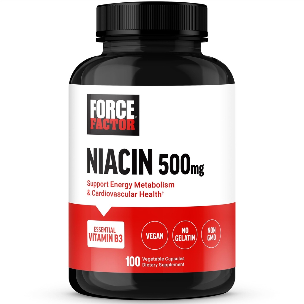 FORCE FATOR Niacin Vitamina B3 para apoiar a energia celular e saúde cardiovascular, Niacin 500mg Suplemento Coração-Saúde, Vegan, Sem Gelatina, Não-GMO, 100 cápsulas vegetais