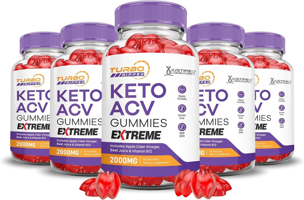 (5 Pack) Turbo Ripped Keto ACV Gummies Extreme 2000MG Turbo Ripped Keto Gummies Apple Cider Vinagre Formulado com suco de beterraba de romã B12 Vegan Non GMO 300 Gummys
