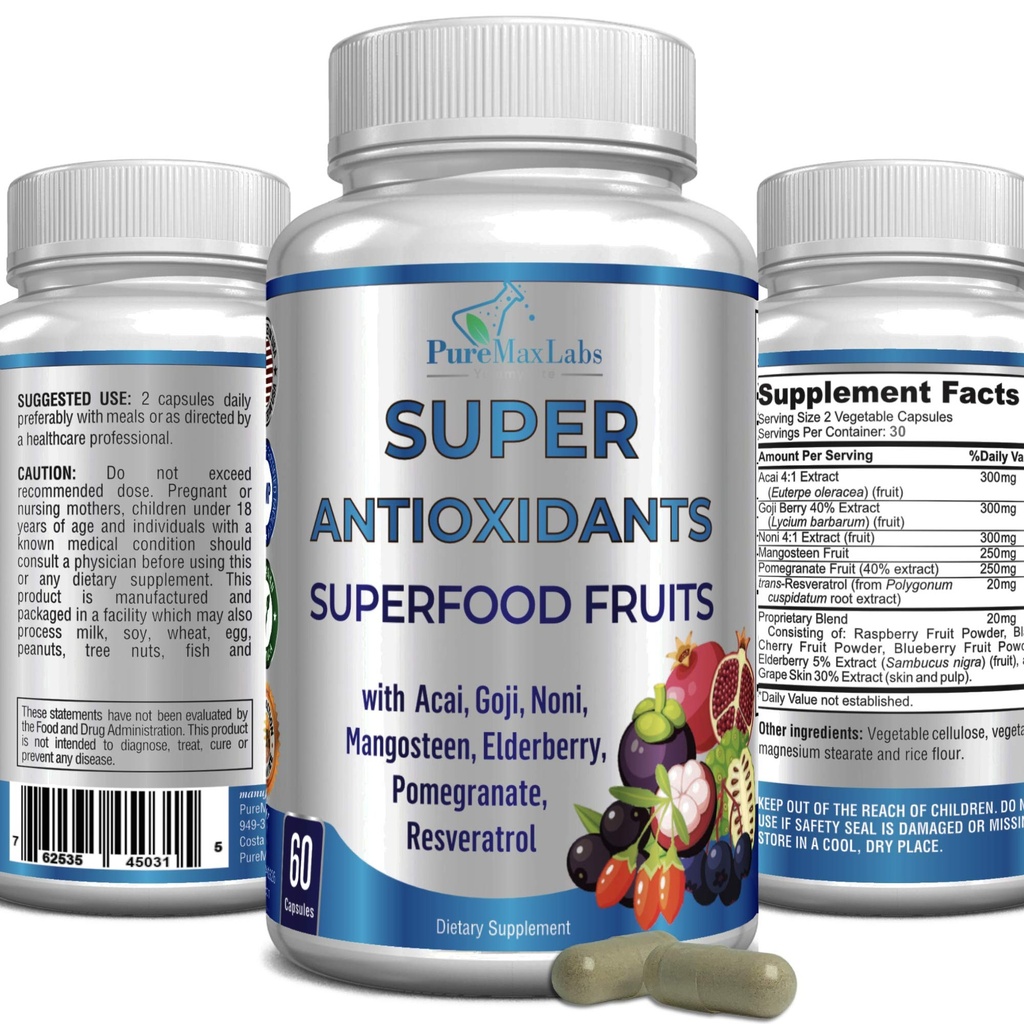 Super Antioxidante Fruit Superfood Complex - Poderoso Antioxidante Superfrutas, Acai, Goji, Noni, Mangosteen, Romã, Elderberry, Resveratrol, Imune Support, Skin Care - 60 Cápsulas