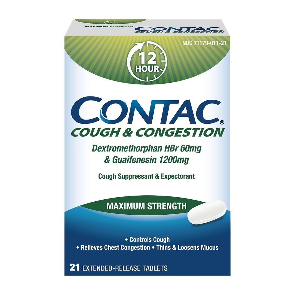 Contac Tosse & Congestion Controles Máximos de Força Tosse, Finas e Loosens Mucus, Guaifenesin & Dextromethorphan HBr, Extended Release Tablets, 21 Count