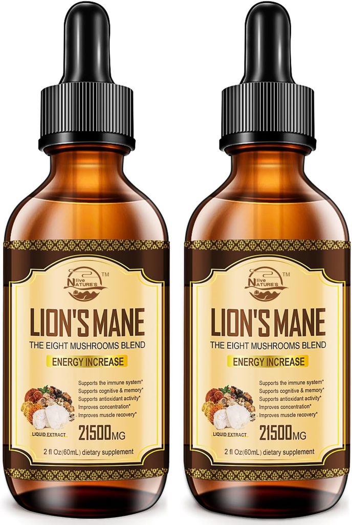 Lions Mane suplemento vivo da natureza, Lions Mushroom líquido Extract Drops, 8 Cogumelos Complexo para Sistema Imune, Memória, Focus Boost, Suplemento Mushroom com Mane do leão, Cordyceps, Reishi, Vegan, 2 Pack