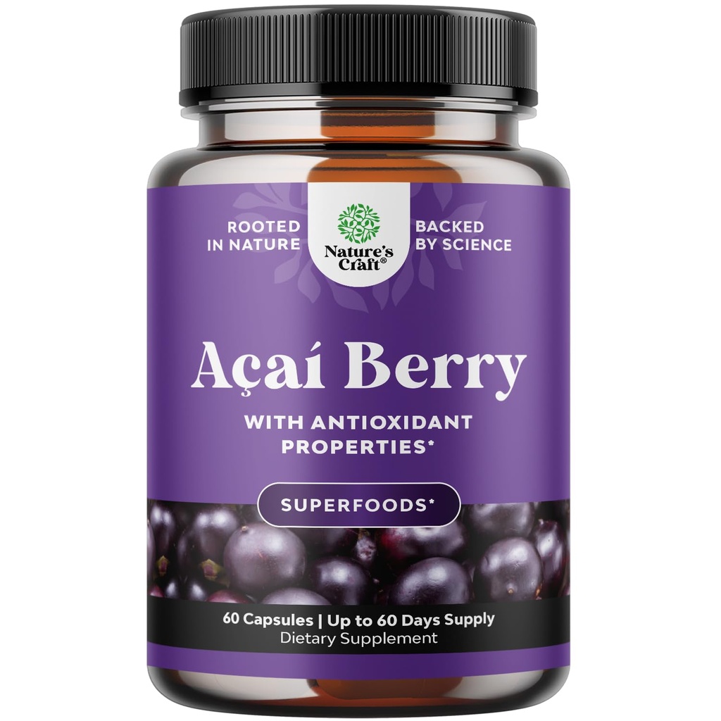 Naturezas Artesanato Acai Berry Antioxidante Apoio Perda de Peso Suplemento para Mulheres e Homens - Vitaminas Minerais Antioxidante Fórmula Suporta Sistema Imune e Aumentar a Saúde Cognitiva Energia - 60 Servimentos