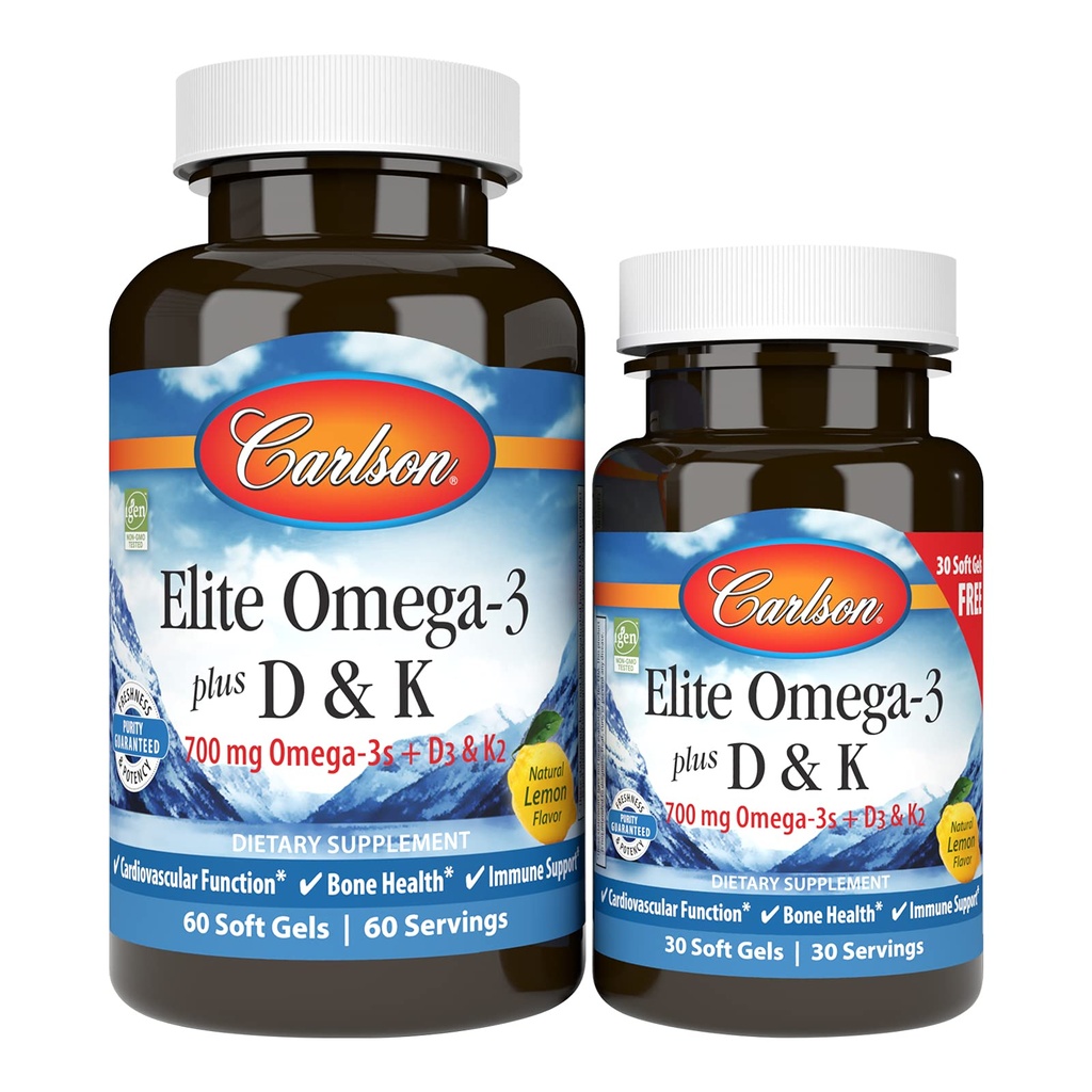 Carlson - Elite Omega-3 Plus D & K, 700 mg Omega-3s + D3 & K2, função, saúde óssea e suporte imunológico, limão, 60+30 Softgel