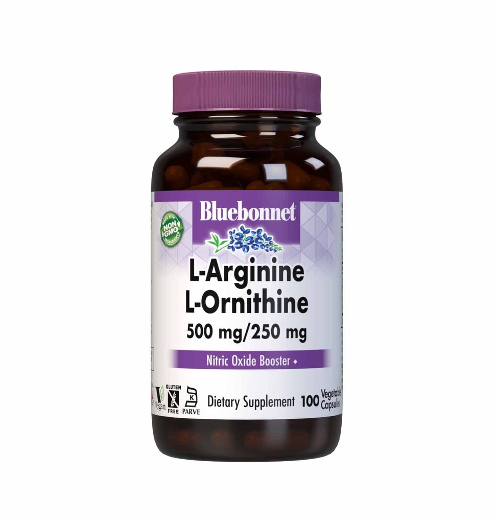 Bluebonnet Nutrition L-Arginina 500mg/L-Orinitina 250mg, Suporta Metabolismo de Proteína*, Sem Soja, Sem Glúten, Não-GMO, Certificado Kosher, Vegan, 100 Cápsulas Vegetais