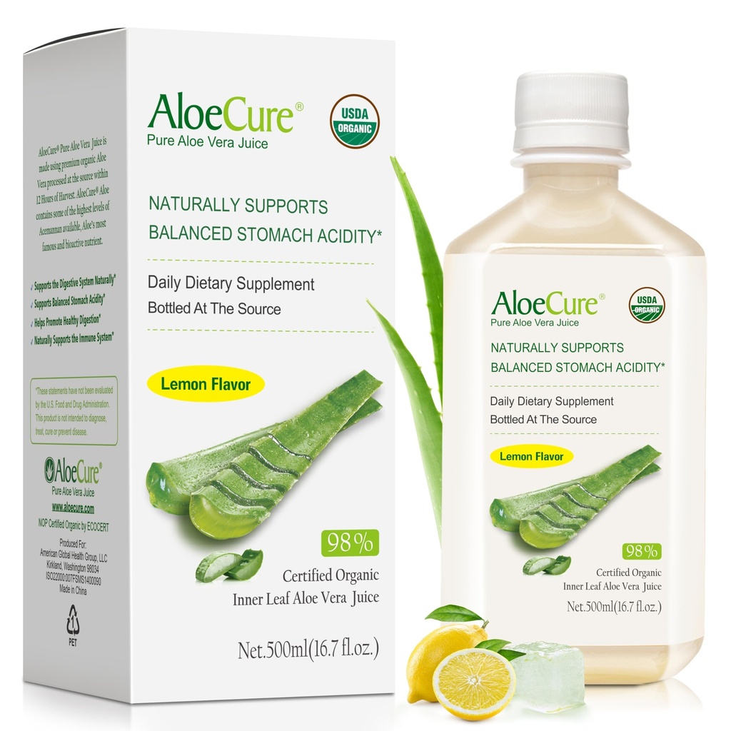 AloeCure USDA Organic Aloe Vera Juice Lemon Flavor - Made Within 12 Hours of Harvest - Natural Digestive Supplement for Balanced Stomach Acidity - Support Digestive and Imune Health - 1 Btl x 16.7 onças