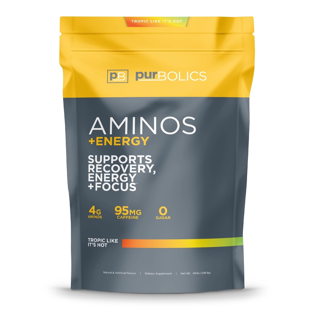 Purbólicos Aminós + Energia . Apoia Recuperação, Energia e Foco . 95mg de cafeína, 0 Açúcar & 60 Servings (Tropic Like It's Hot)