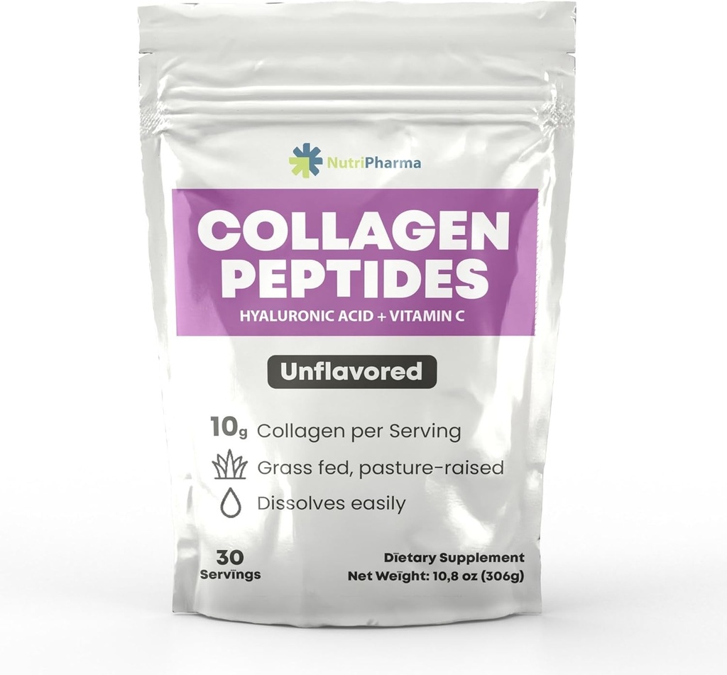 Pó de Colágeno Peptídeos com Ácido Hialurônico e Vitamina C, Promove o cabelo, unhas, pele, saúde óssea e articular, pó de proteína de colágeno não aromatizado, 30 Servings, 10,8 oz