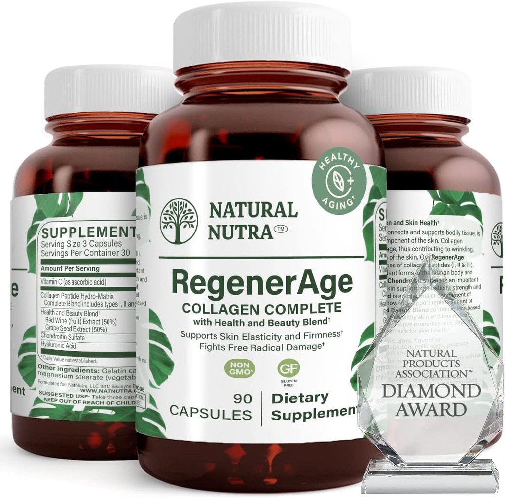 Natural Nutra RegenerAge Suplemento completo para a saúde da pele com peptídeos de proteína, reduzir marcas de alongamento, contribui para a saúde geral, vitamina C, extrato de vinho vermelho de semente de uva, sem glúten, 90 cápsulas.