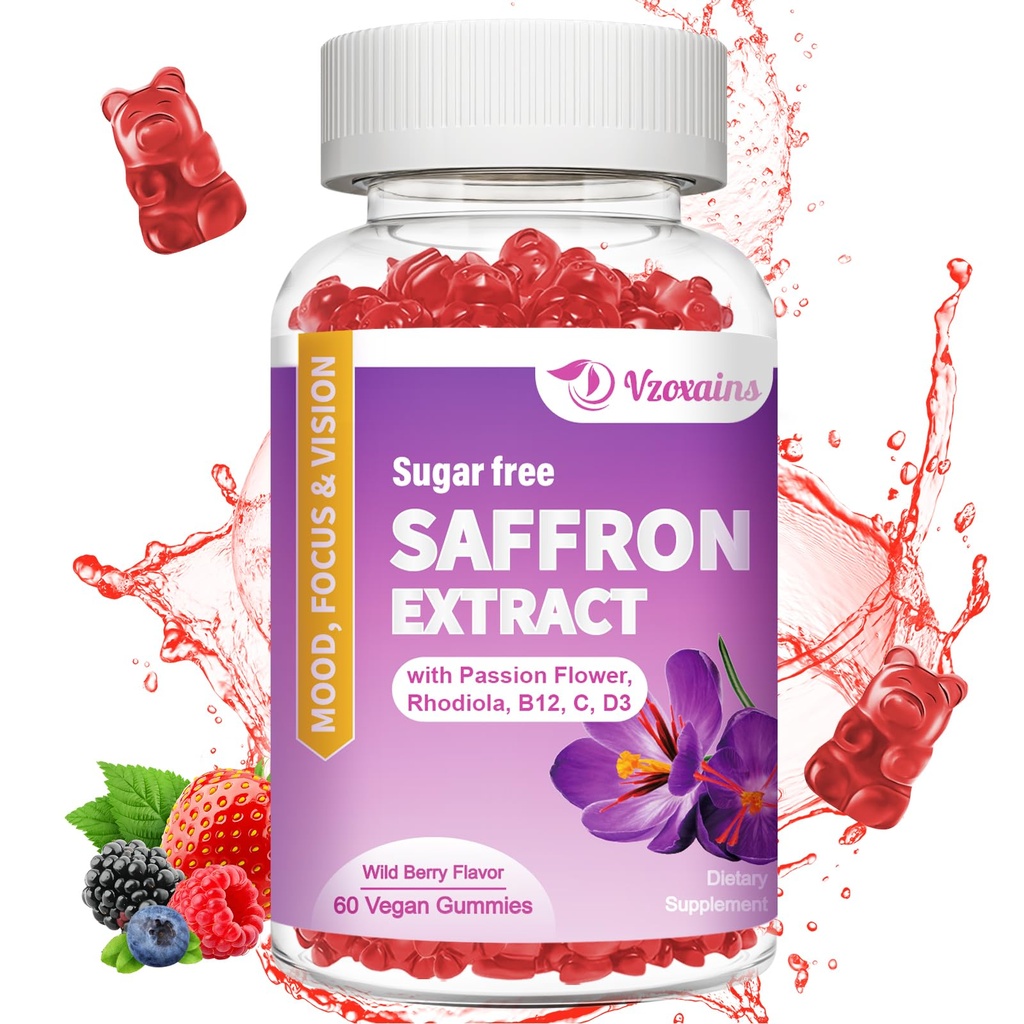 Gummies de açafrão, 10 em 1 Suplementos de açafrão Gummies com magnésio, Ashwagandha & Rhodiola Rosea, Açúcar Free Vegan misto sabor Berry - 60Cts