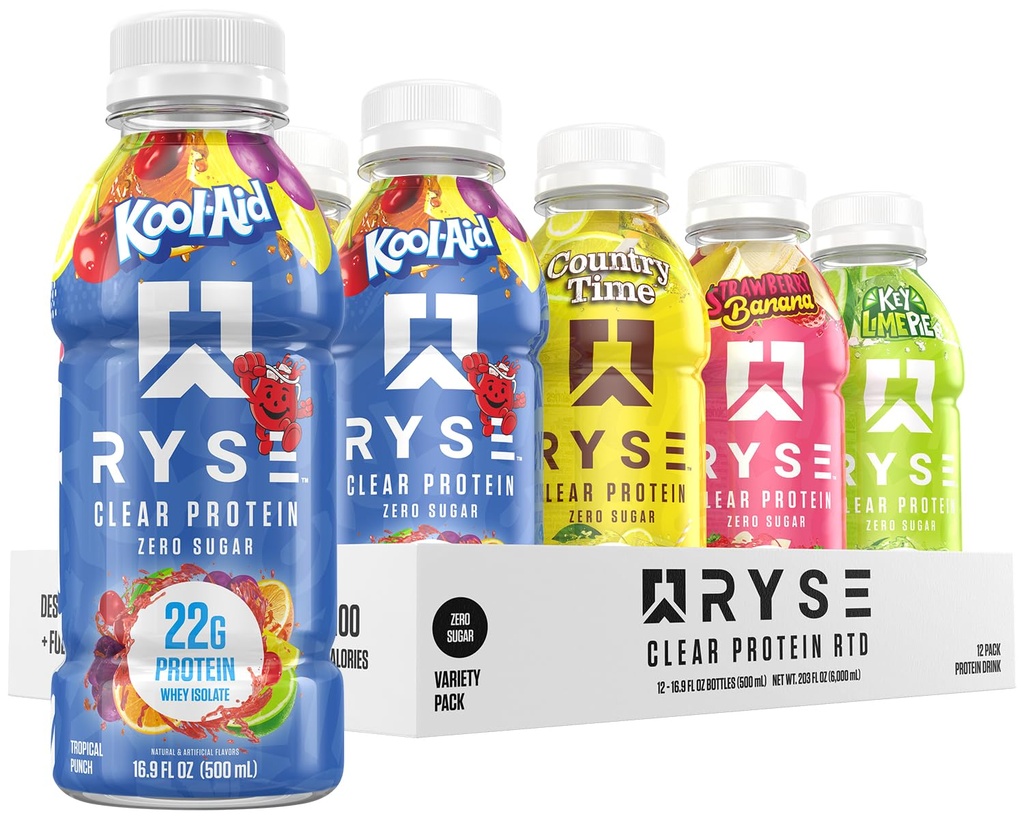 RYSE Clear Protein Drink - Variety Pack - 100 calorias, 22g Whey Isolate Protein Shake, Sugar-Free, 0g Fat & Lactose-Free - Refrescante pronto para beber - 16,9 fl oz Garrafas (12-Pack)