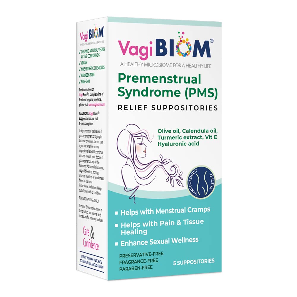 Supositórios de alívio menstrual VagiBiom (5 Supositórios) com Óleo de Calendula, Manteiga de Cacau, Açafrão e VIT E Que Ajuda com Crampo Período, Mood Swings. Cura de Tecidos. EUA Feito, Vegan, Sem Hormônios