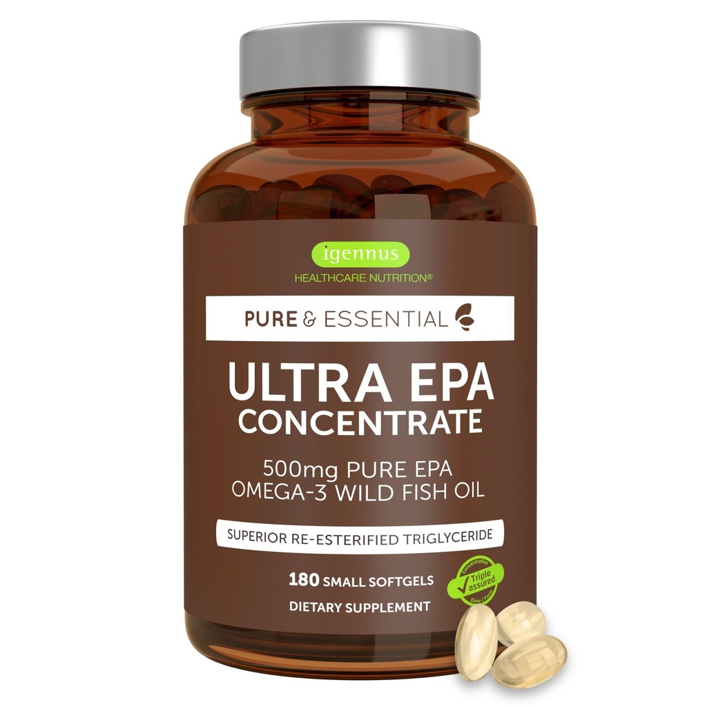 Igennus Ultra Pure Omega-3 EPA 500mg, Óleo de peixe selvagem certificado IFOS altamente concentrado, Forma avançada de triglicerido rTG, não-GMO, 180 pequenos Softgels