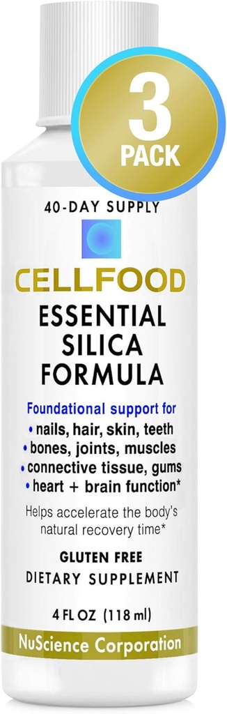 Cellfood Essential Silica Anti-Aging Formula - 4 fl oz, 3 Pack - Suporta Ossos Saudáveis, Juntas, Cabelo, Pele, Unhas, Dentes & Chicletes - Fácil de Absorver - Gluten & Thiaminase Livre, Não-GMO - 120 dias de fornecimento