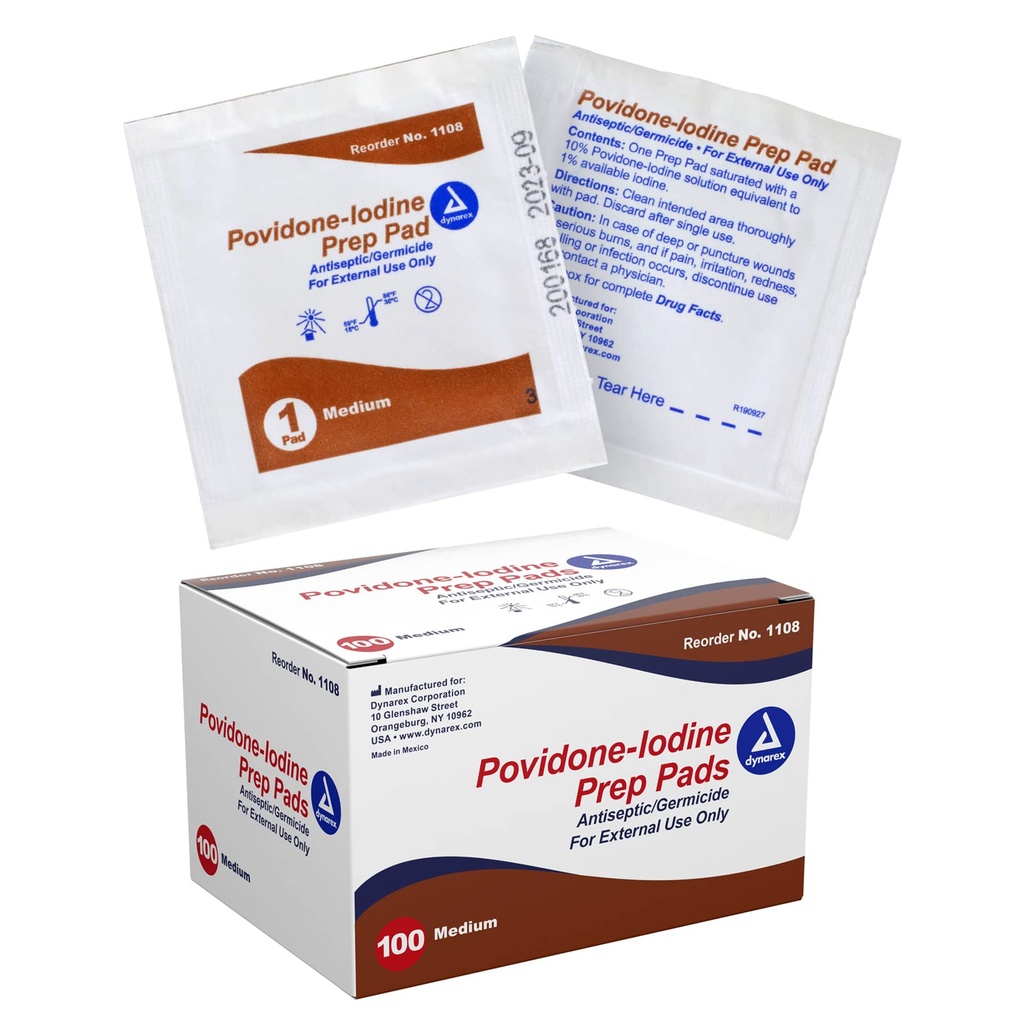 Dynarex Povidone-Iodine Prep Pads, Saturado com Povidone Iodine 10%, Fios Antissépticos de Grade Médica Usados para Preparação de Procedimentos Menores Precedentes, Médio, 1 Caso de 100 Pads Prep