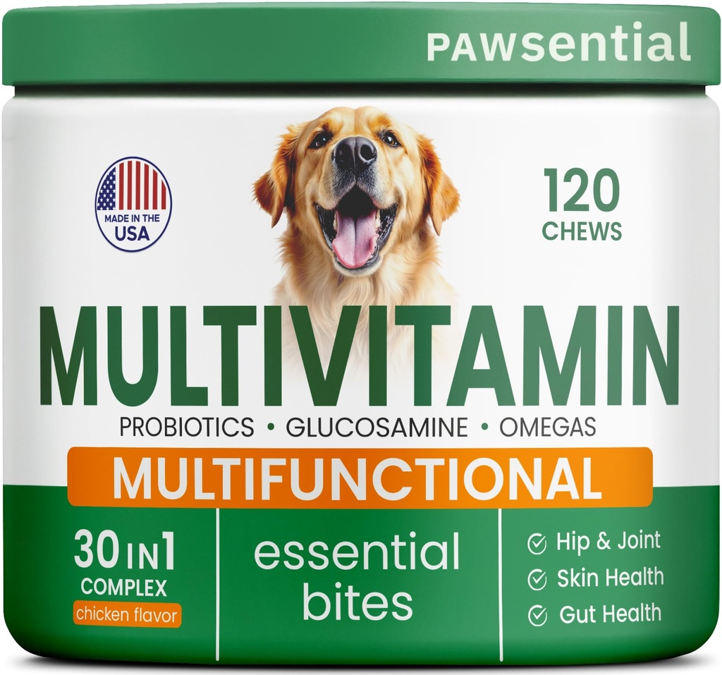 Vitaminas Cães + Glucosamina - Multivitaminas Mastigáveis + Probióticos, Omega - Hip & Apoio Conjunto, Pele & Revestimento, Gut Health - Adulto & Senior - Grande & Pequena Raça - 120 Mastigações