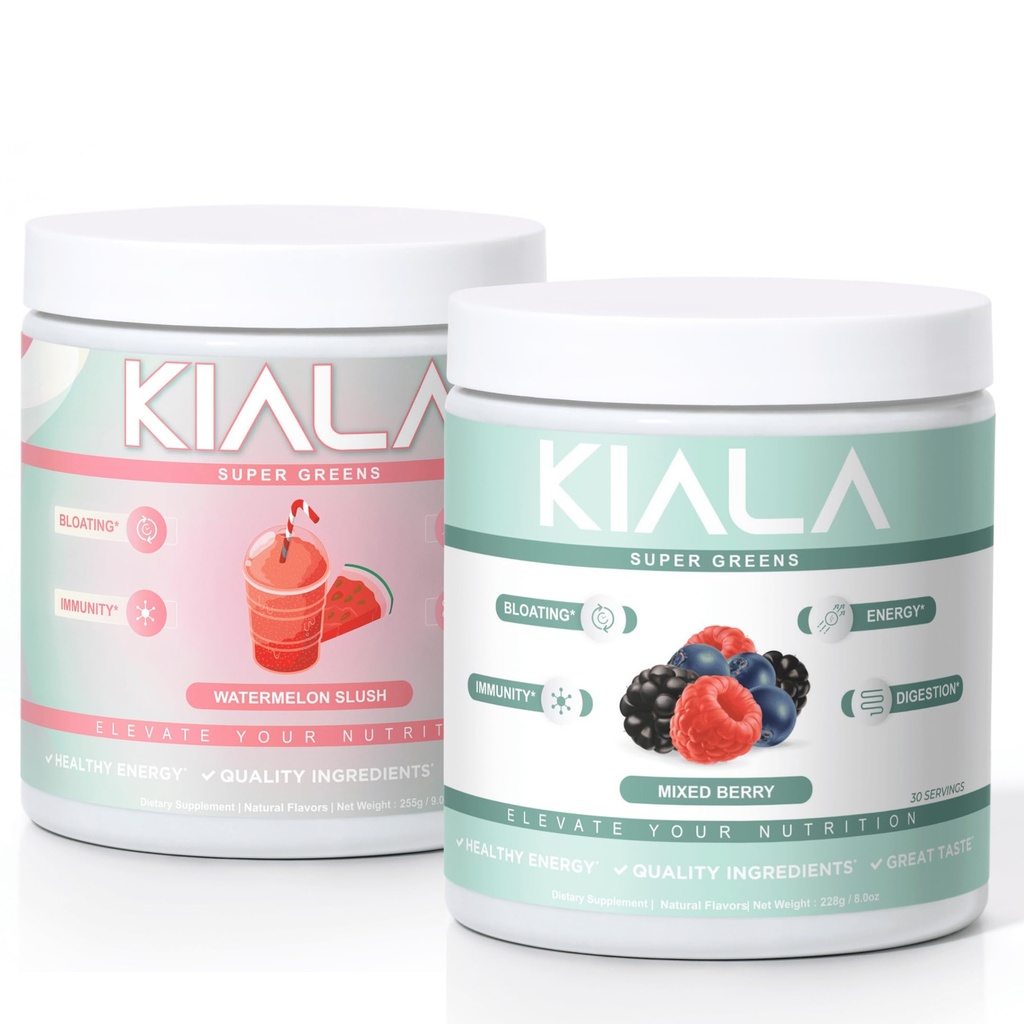 Kiala Nutrition Super Verdes, Verdes Orgânicos Pó, espirulina e chlorela Superfood Pó, Açúcar & Gluten Free Vegan, Spectra Mistura, Melancia e Misto Berry 2 Pack