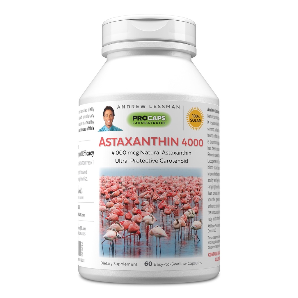 ANDREW LESSMAN Astaxantina 60 Softgels - 4000 mcg Astaxantina Natural, poderoso anti-oxidante carotenóide. Proteção para olhos, coração, pele e muito mais. Sem aditivos. Fácil de engolir Softgels