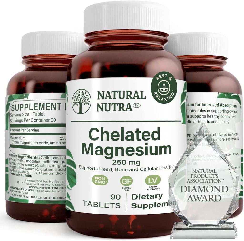 Óxido de magnésio quelatado natural 250 mg - alta absorção para ossos fortes, saúde do coração, aumento de energia, sem glúten, não-GMO, 90 comprimidos (3 pacote) em garrafas de vidro reciclável BPA