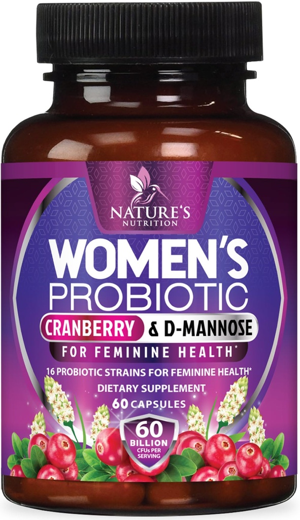 Probióticos para Mulheres 60 bilhões UFC - 16 Strains, Prebióticos & Cranberry, PH Balance, Saúde Digestiva, Suporte vaginal e imunológico, Mulheres Probiótico para a saúde da tripa, prateleira estável - 60 Cápsulas