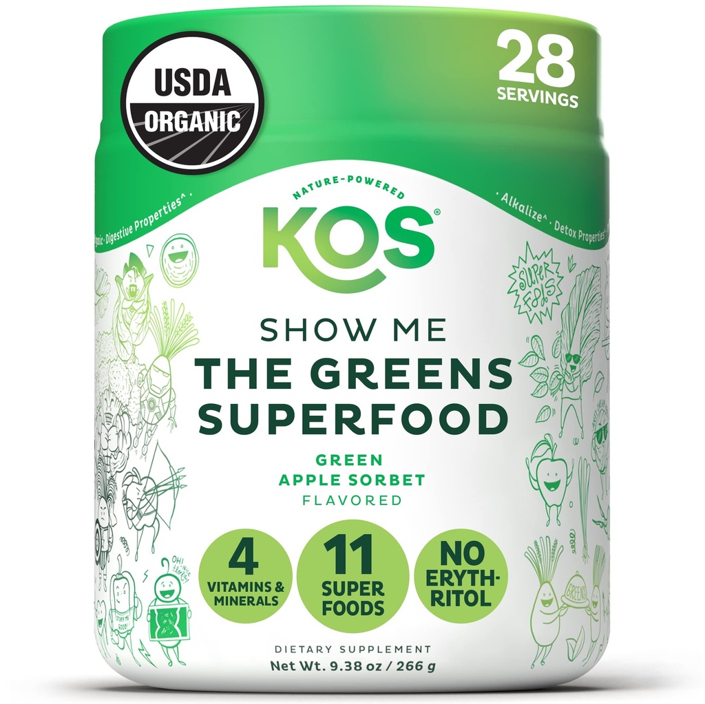 KOS Organic Super Greens Powder Erythritol Free - Planta Based Superfood Mistura com espirulina, chlorela & Wheatgrass - USDA Certified Organic, Green Juice Smoothie - Apple Flavor - 28 Servings