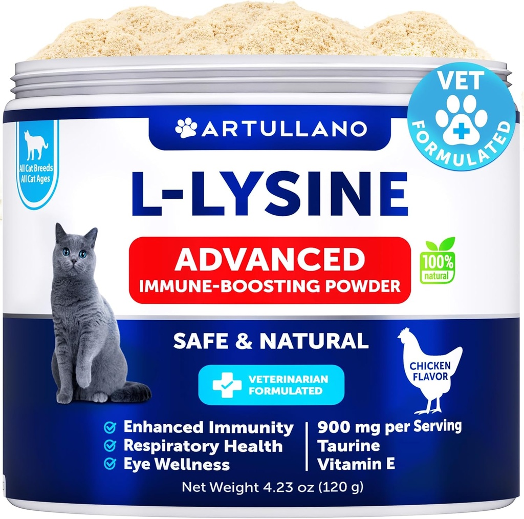 L-Lysine para Gatos - Lysine Powder Supplement - 900mg/servindo - Suporte imunológico para Gatos e Gatinhos - Espirros, Nariz Runny, Squitting, Olhos Aguados, Frio, Função ocular, Saúde Respiratória - com Taurine