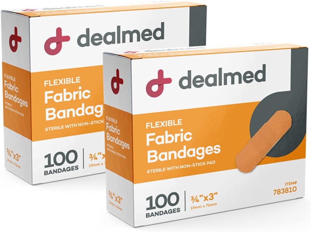 Bandagens flexíveis de adesivo de tecido dealed – 100 Count (2 Pack) Bandagens com almofada de não-ponto, Látex livre, cuidado de ferida para kit de primeiros socorros, 3" x 3/4"