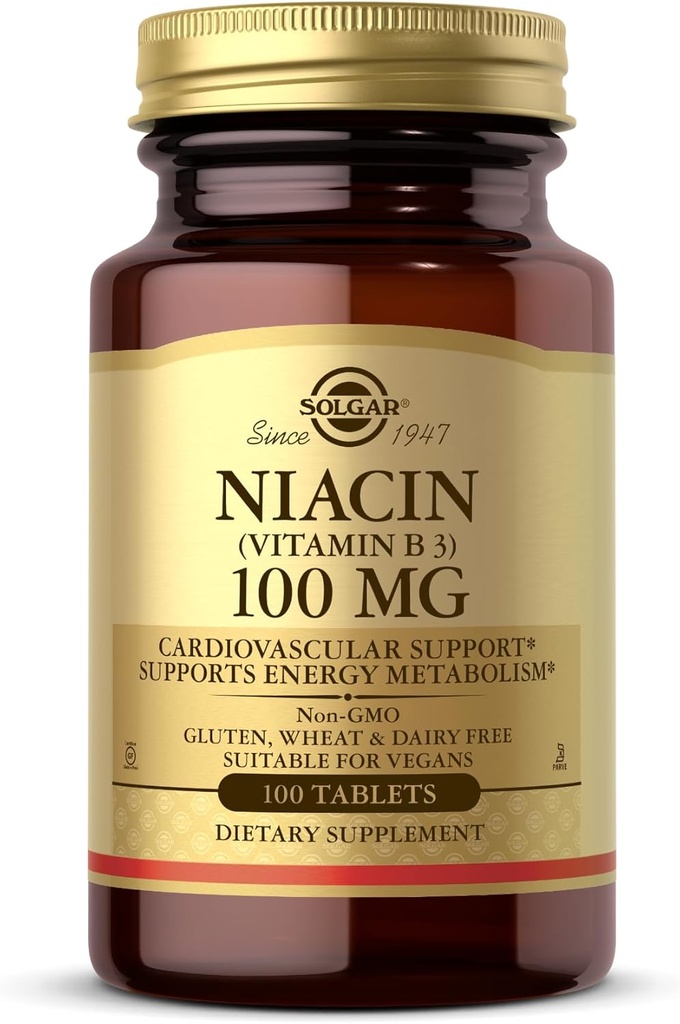 Solgar Niacin (Vitamina B3) 100 mg - 100 Comprimidos - Suporta Metabolismo de Energia - Não-GMO, Vegan, Glúten Livre, Leite Livre, Kosher - 100 Servings