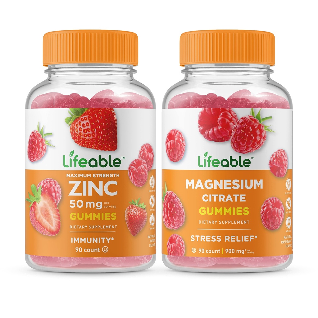 Zinco vitalável 50mg + Magnésio, Gummies Bundle - Grande degustação, Suplemento Vitamina, Sem glúten, GMO livre, chiclete mastigável