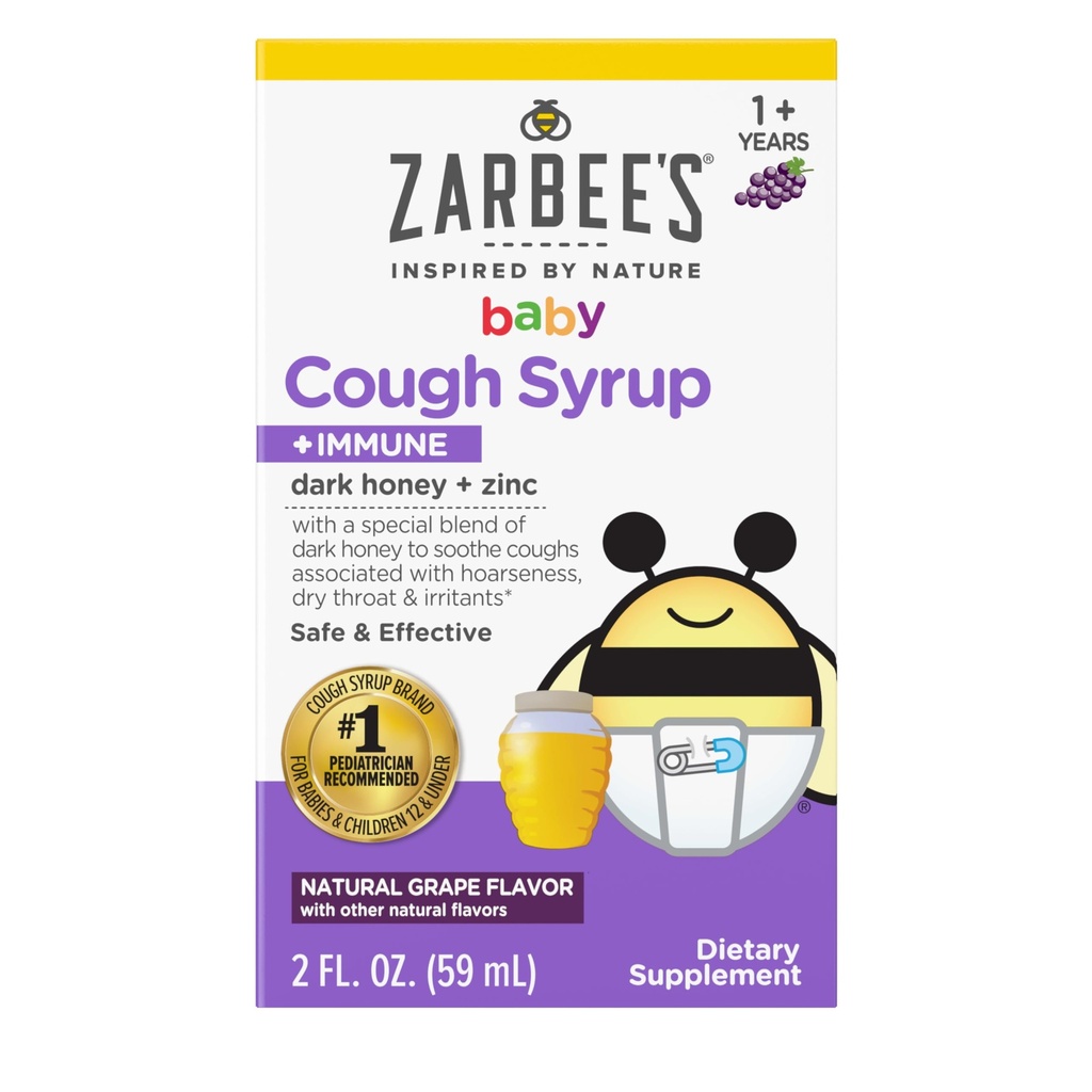 Xarope de mel do bebê de Zarbee + Imune para bebês 12-24 meses, Xarope de tosse seguro e eficaz com calmante mel escuro e zinco para o suporte imune *, Droga e álcool livre, uva, 2 fl. Oz