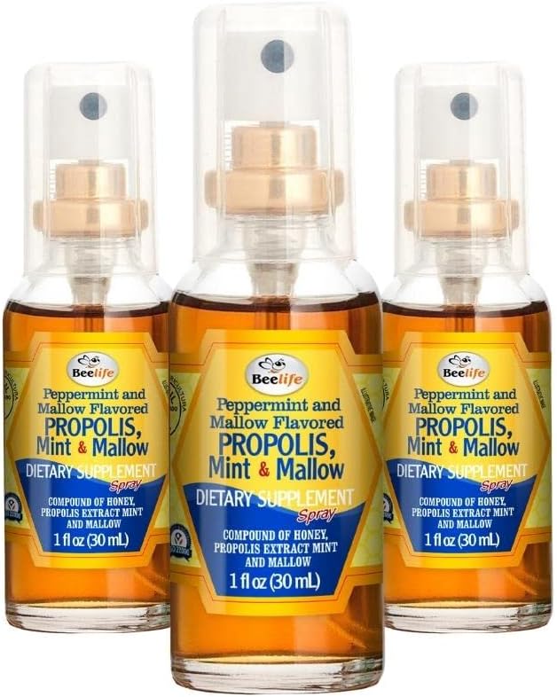 Pulverizador de Garganta de Própolis de Beelife – Mel calmante, Mint & Malva Propolis Spray - Suporte Imune Natural e Alivio de Garganta Dolorido - Propolis de Bee – Antioxidantes, Flavonoides e Artepillin C, Gluten-Free - 3-Pack